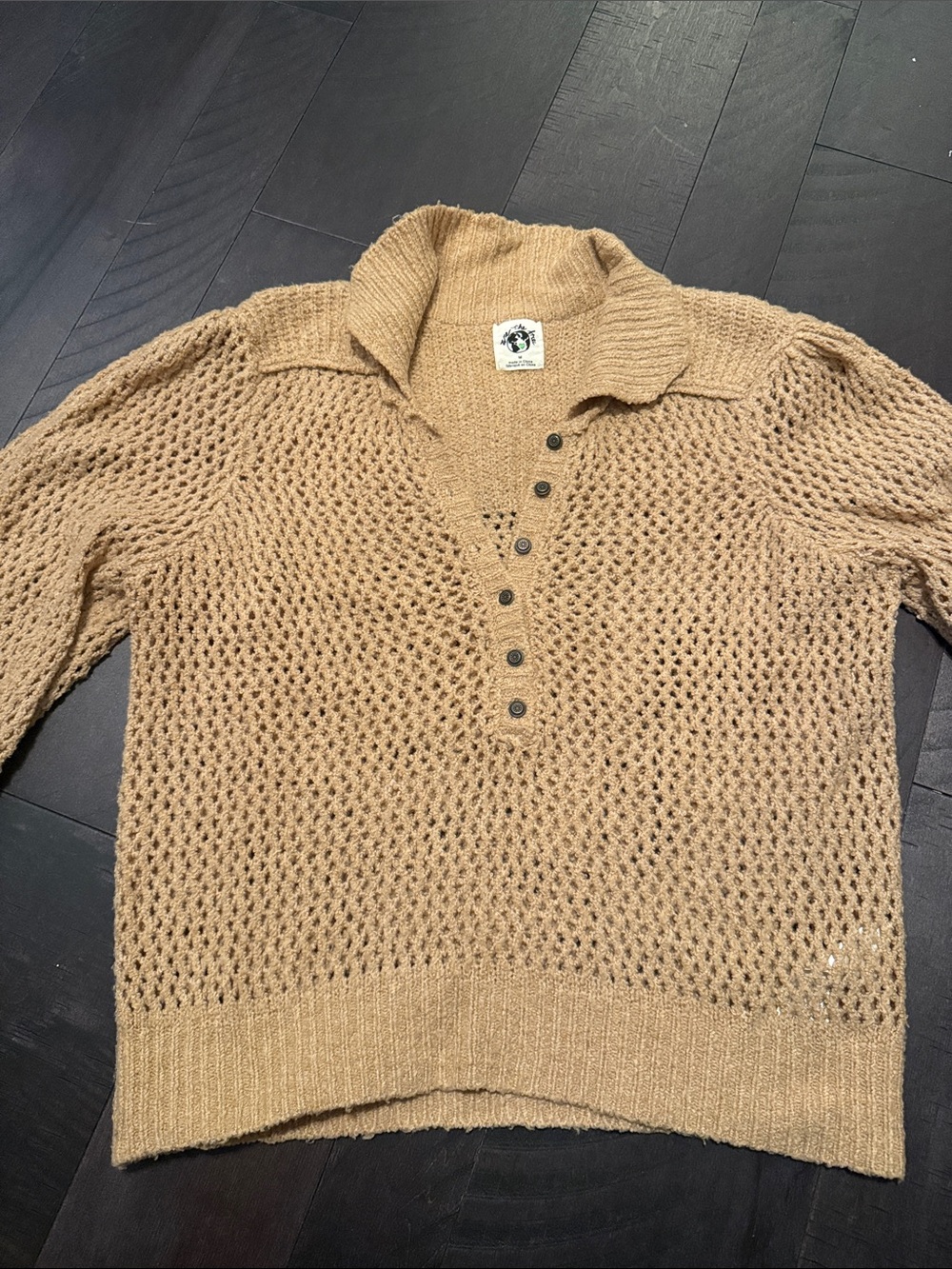 Free People Tan Open-Knit V-Neck Button Pullover